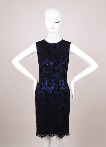 Blue and Black Sleeveless Lace Sheath Dress