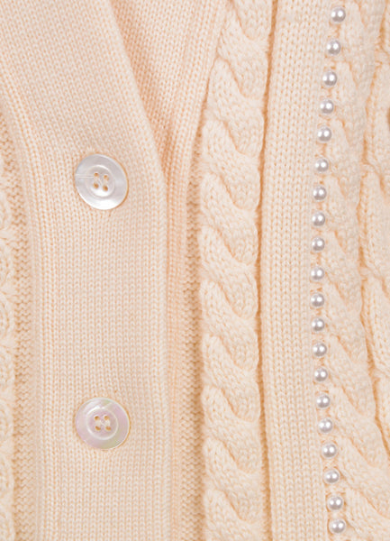 Cream Chunky Cable Knit Wool Cardigan With Faux Pearl Embellishment