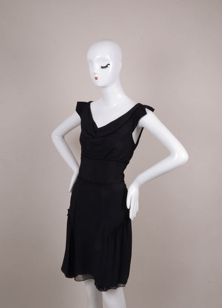 Black Crepe Cap Sleeve Wide Cowl Neckline Ruffle Trim Dress