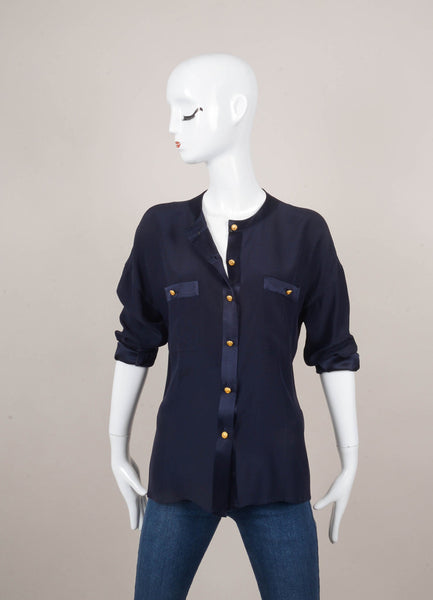 Navy Long Sleeve Button Down Blouse