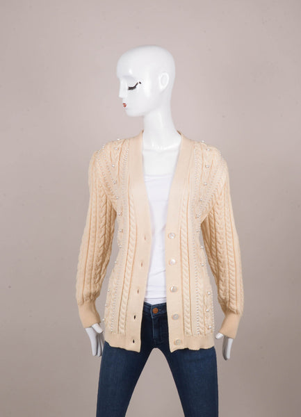 Cream Chunky Cable Knit Wool Cardigan With Faux Pearl Embellishment