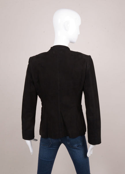 Black Suede Leather Ruffle Front Fitted Jacket