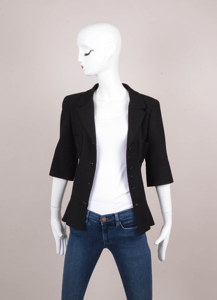 Black Wool and Silk Embellished Button Three Quarter Length Sleeve Fitted Jacket