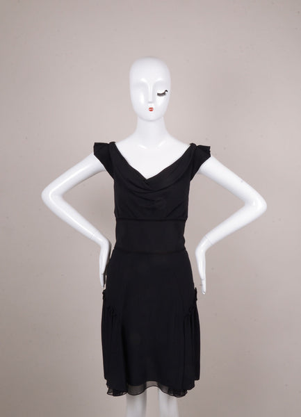 Black Crepe Cap Sleeve Wide Cowl Neckline Ruffle Trim Dress