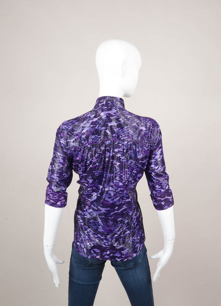 Purple Shiny Camo Print Long Sleeve Neck Tie Blouse