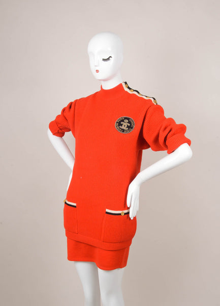 Red, Black, and Cream Ribbed Knit "CC" Crown Patch Sweater and Skirt Set