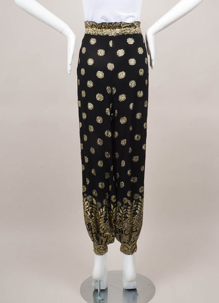 Black and Gold Metallic Embroidered Tapered Harem Pants