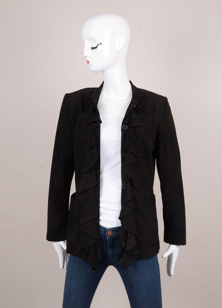 Black Suede Leather Ruffle Front Fitted Jacket