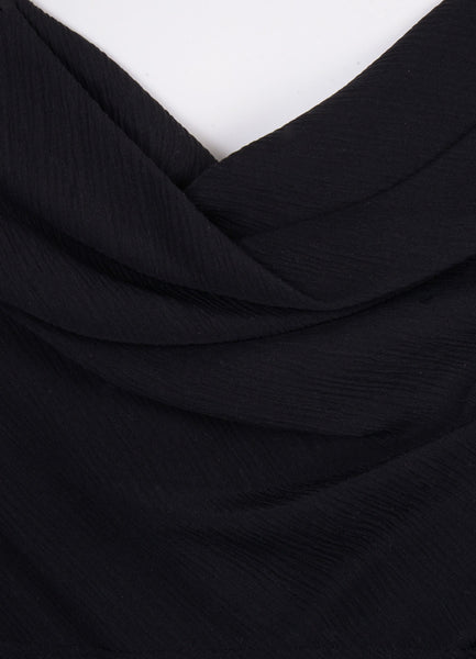 Black Crepe Cap Sleeve Wide Cowl Neckline Ruffle Trim Dress