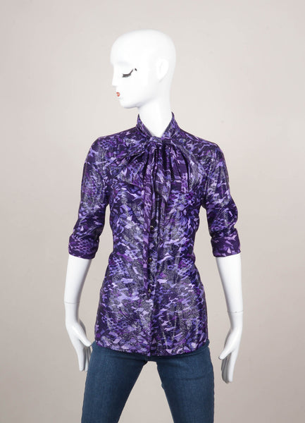 Purple Shiny Camo Print Long Sleeve Neck Tie Blouse