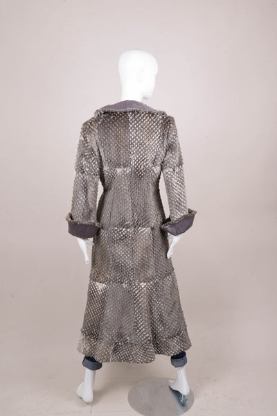 Grey Reversible Silk Satin and Textured Fur Long Dressy Coat