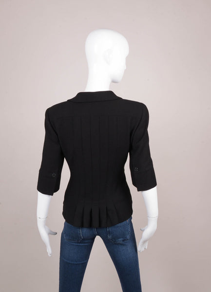 Black Wool and Silk Embellished Button Three Quarter Length Sleeve Fitted Jacket