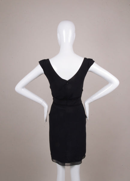 Black Crepe Cap Sleeve Wide Cowl Neckline Ruffle Trim Dress