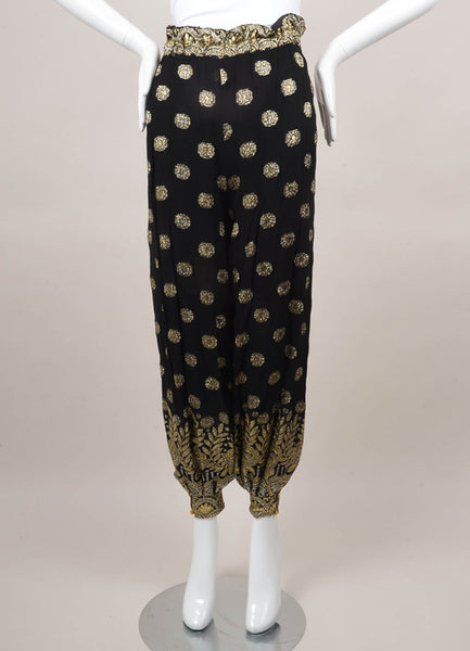 Black and Gold Metallic Embroidered Tapered Harem Pants