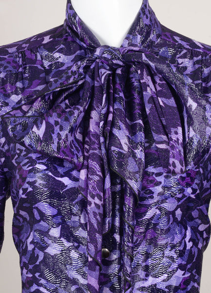 Purple Shiny Camo Print Long Sleeve Neck Tie Blouse