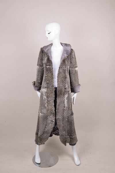 Grey Reversible Silk Satin and Textured Fur Long Dressy Coat