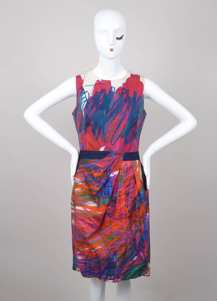 Multicolor Printed Pleated Panel Trim Sleeveless Cotton Sheath  Dress