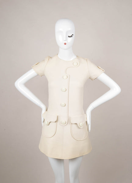 Cream Waffle Knit Short Sleeve Buttoned Mod Shift Dress