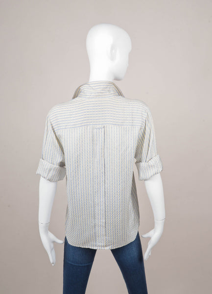 Cream and Blue Silk Striped Button Down Blouse