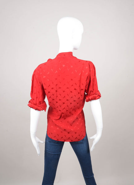 Red Long Sleeve Tie Front Patterned Silk Blouse