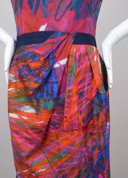 Multicolor Printed Pleated Panel Trim Sleeveless Cotton Sheath  Dress