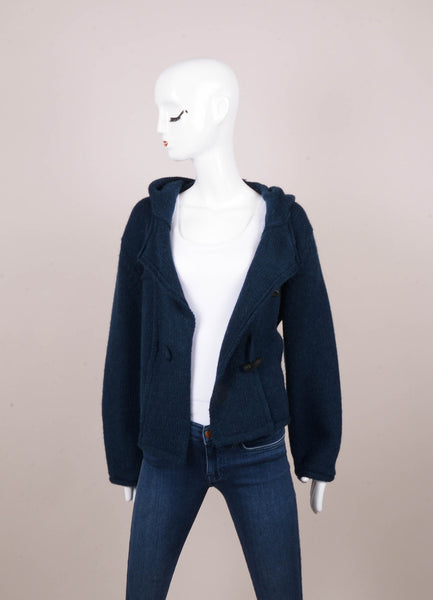 Navy Blue Alpaca and Wool Knit Hooded Toggle Sweater Jacket