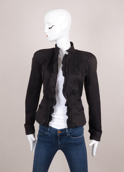 Black Cotton and Silk Ruffle Trim Short Fitted Zip Jacket