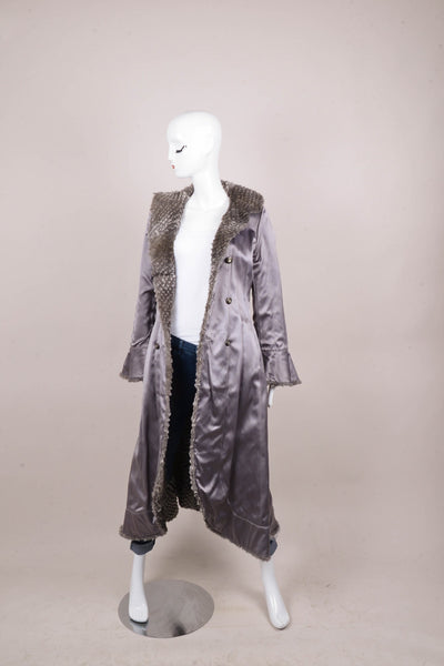 Grey Reversible Silk Satin and Textured Fur Long Dressy Coat