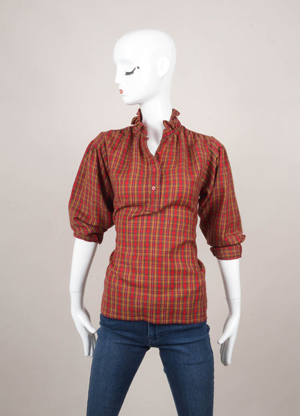 Red and Brown Plaid Flannel Ruffle Trim Long Sleeve Top