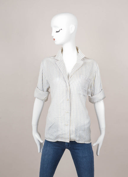 Cream and Blue Silk Striped Button Down Blouse