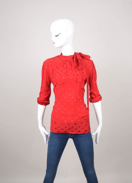 Red Long Sleeve Tie Front Patterned Silk Blouse