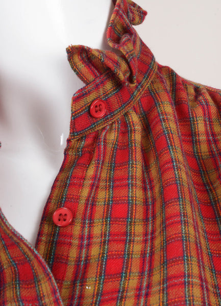 Red and Brown Plaid Flannel Ruffle Trim Long Sleeve Top