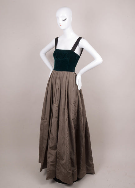 New With Tags Teal and Grey Silk Sleeveless Gown With Velvet Bodice