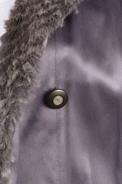 Grey Reversible Silk Satin and Textured Fur Long Dressy Coat