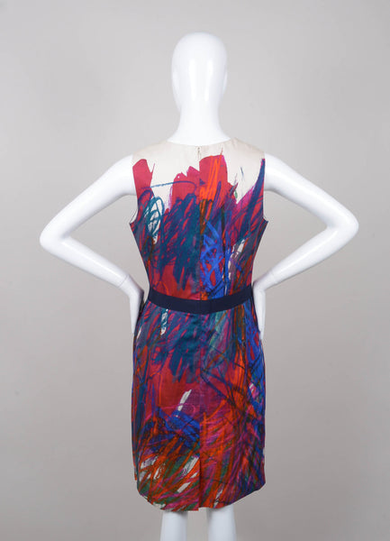 Multicolor Printed Pleated Panel Trim Sleeveless Cotton Sheath  Dress