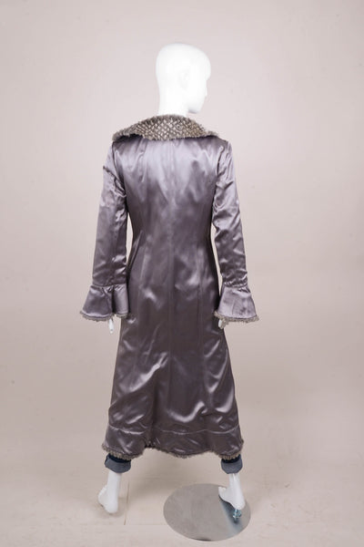 Grey Reversible Silk Satin and Textured Fur Long Dressy Coat