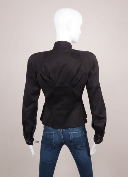 Black Cotton and Silk Ruffle Trim Short Fitted Zip Jacket