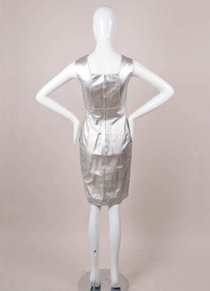 Silver Metallic Sleeveless V Neck Leather Sheath Dress