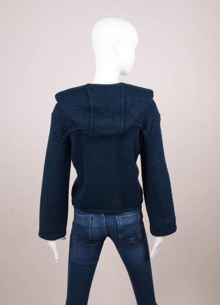 Navy Blue Alpaca and Wool Knit Hooded Toggle Sweater Jacket