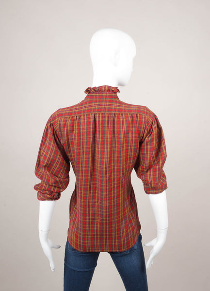 Red and Brown Plaid Flannel Ruffle Trim Long Sleeve Top