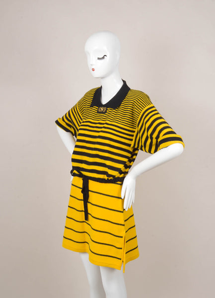 Navy and Yellow Striped Short Sleeve Sweater and Skirt Set