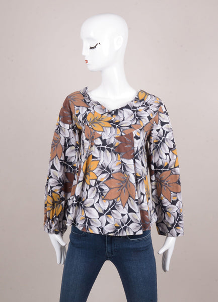 Brown and Grey Floral Print Long Sleeve Cotton Blouse