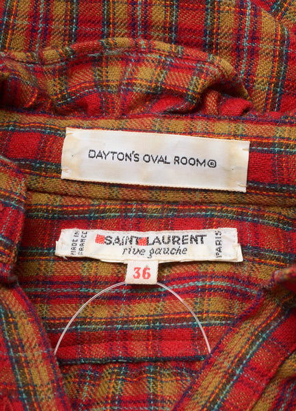 Red and Brown Plaid Flannel Ruffle Trim Long Sleeve Top