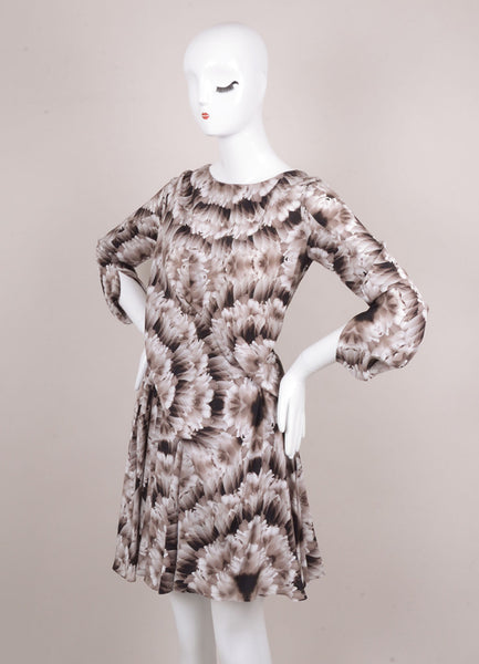 Brown and White Long Sleeve Printed Silk Drape Dress