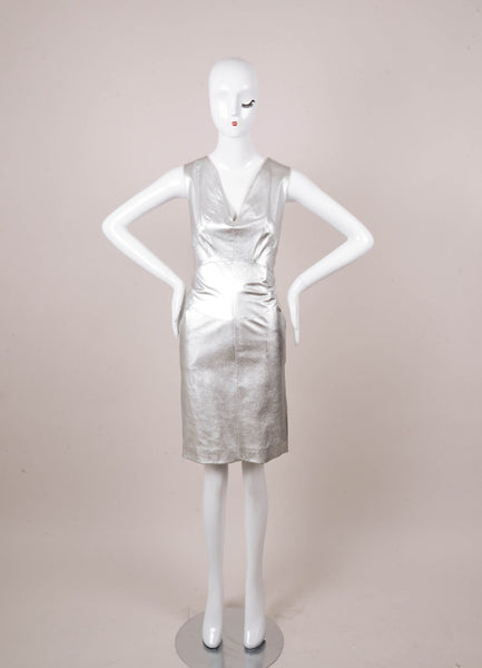 Silver Metallic Sleeveless V Neck Leather Sheath Dress