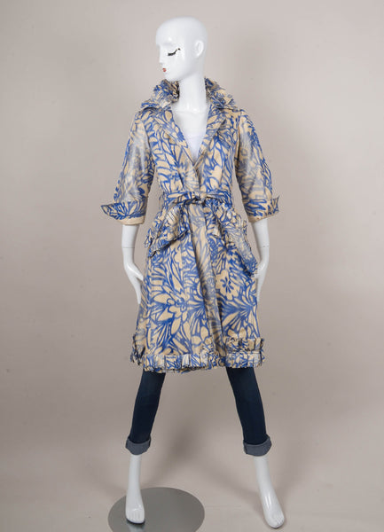 Blue and Cream Floral Patterned Gathered Ruffle Belted Coat