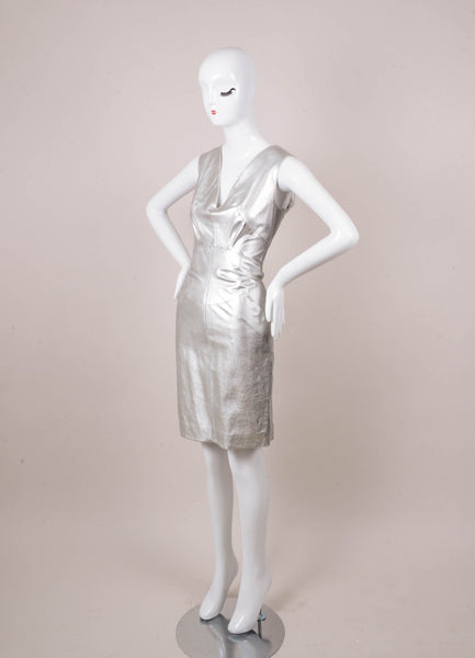 Silver Metallic Sleeveless V Neck Leather Sheath Dress