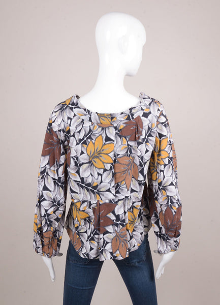 Brown and Grey Floral Print Long Sleeve Cotton Blouse