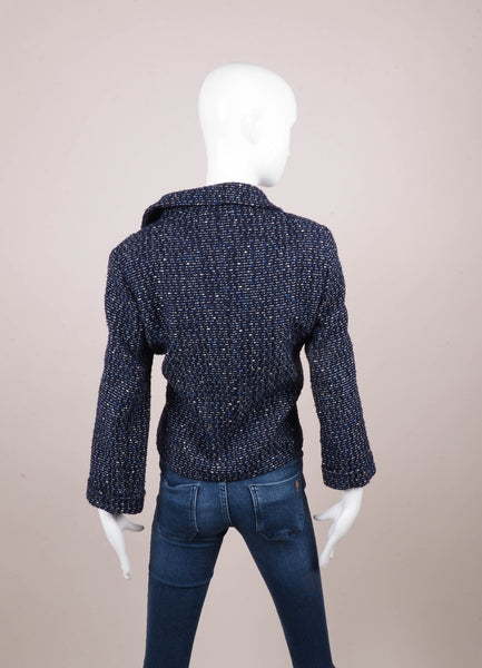 Navy Blue and White Four Pocket Zip Up Tweed Jacket