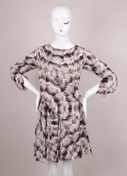 Brown and White Long Sleeve Printed Silk Drape Dress